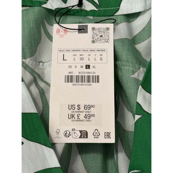 NWT Zara Floral Printed Midi Shirt Dress Women's L Cotton Green White Tropical - Picture 11 of 12